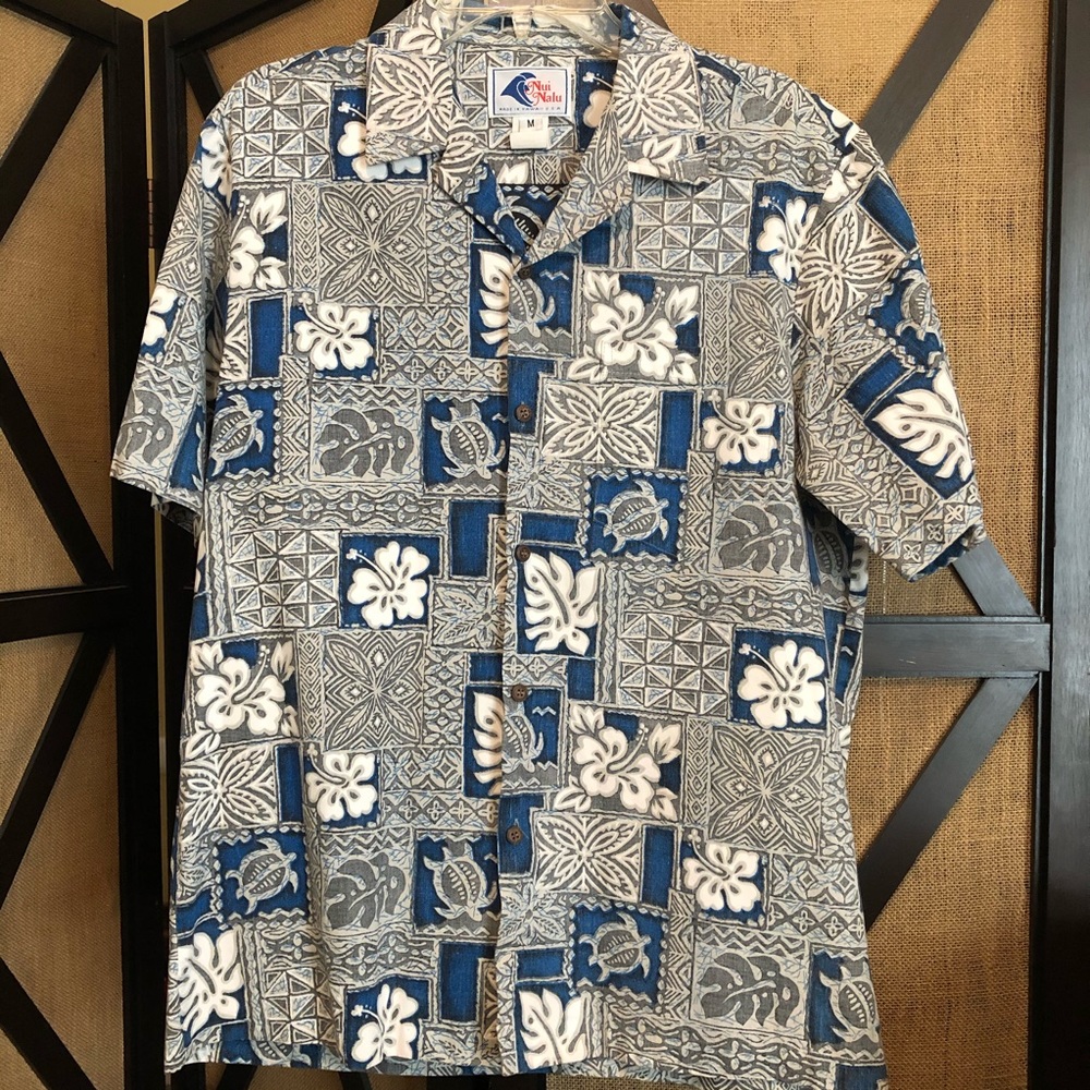Men’s Vintage Hawaiian Shirt Medium Turtles Blue